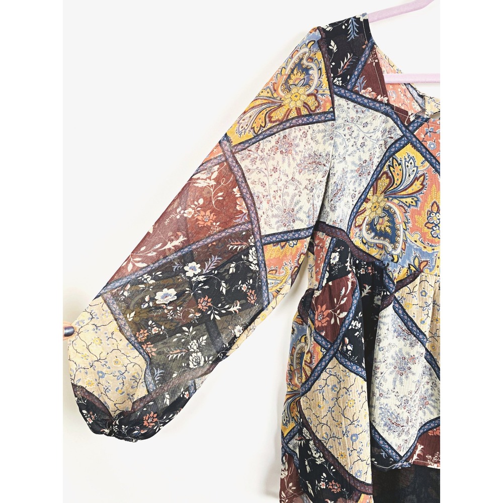 AEO Patchwork Floral Paisley Boho Peplum Blouse Tie Back Medium - Picture 2 of 9